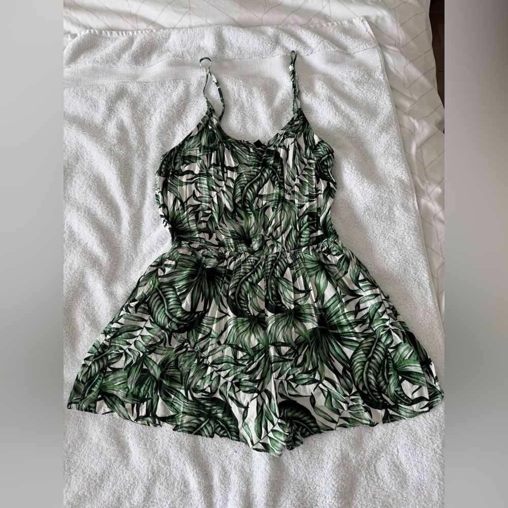 H&M Green and White Tropical Leaf Romper